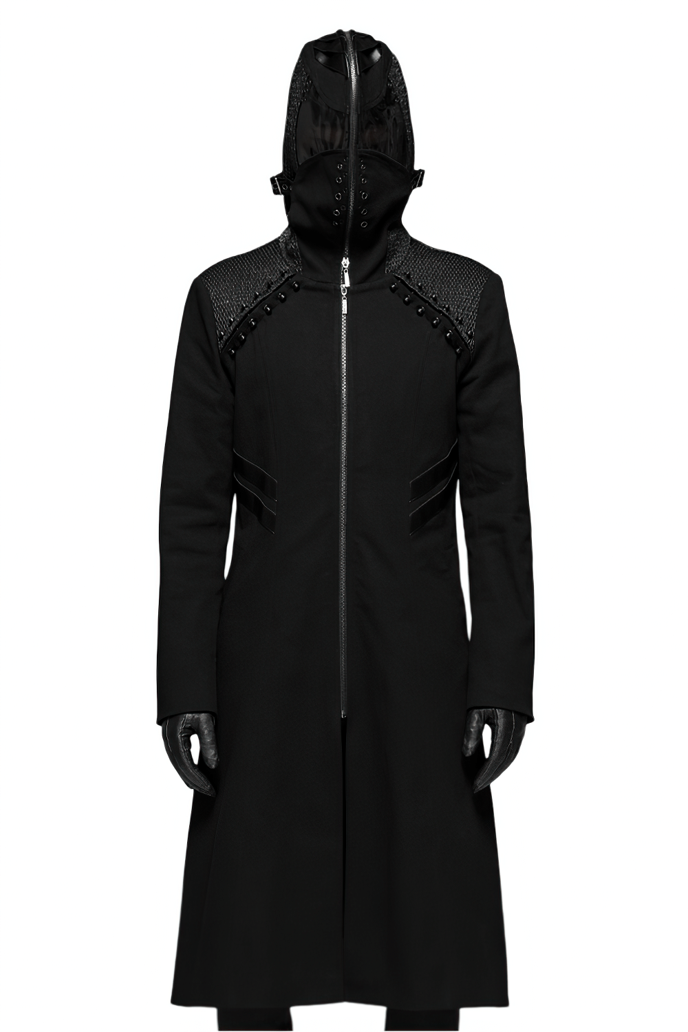 Men's Gothic Long Coat with Hood and Leather Accents