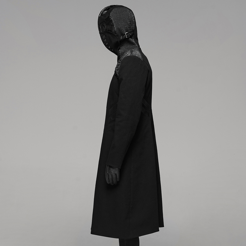 Men's Gothic Long Coat with Hood and Leather Accents