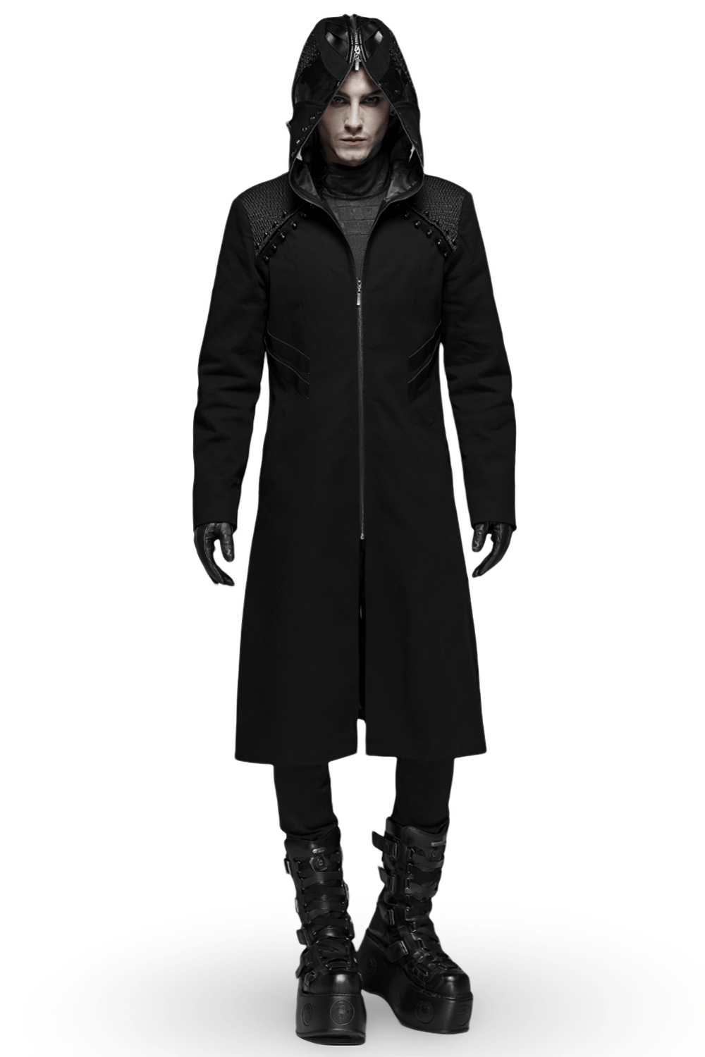 Men's Gothic Long Coat with Hood and Leather Accents