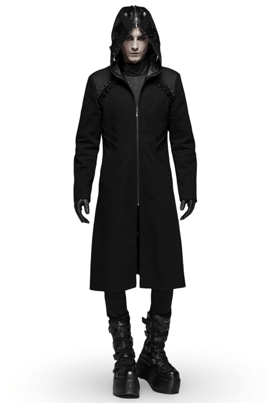 Men's Gothic Long Coat with Hood and Leather Accents