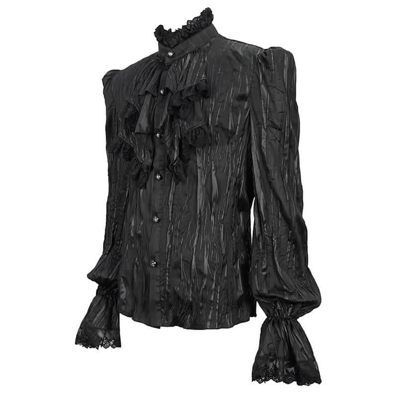 Men's Gothic Puff Sleeved Ruffled Shirt / Black Shirt with Buttons and Removable Сhains