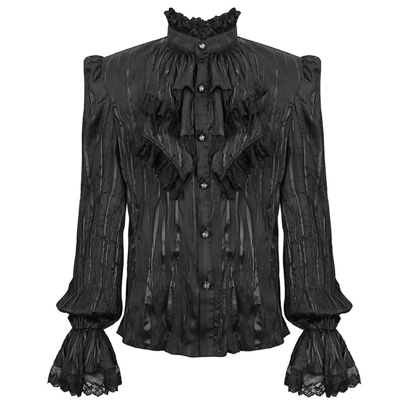 Men's Gothic Puff Sleeved Ruffled Shirt / Black Shirt with Buttons and Removable Сhains