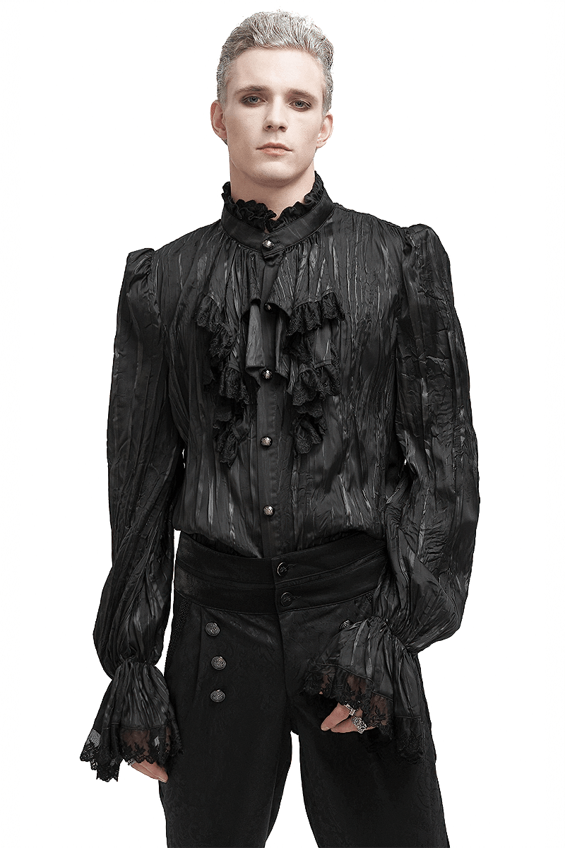Men's Gothic Puff Sleeved Ruffled Shirt / Black Shirt with Buttons and Removable Сhains