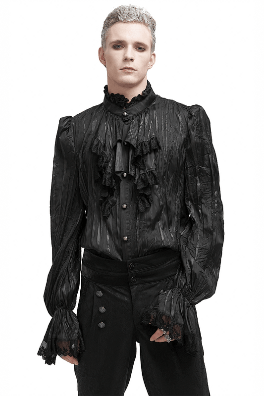 Men's Gothic Puff Sleeved Ruffled Shirt / Black Shirt with Buttons and Removable Сhains