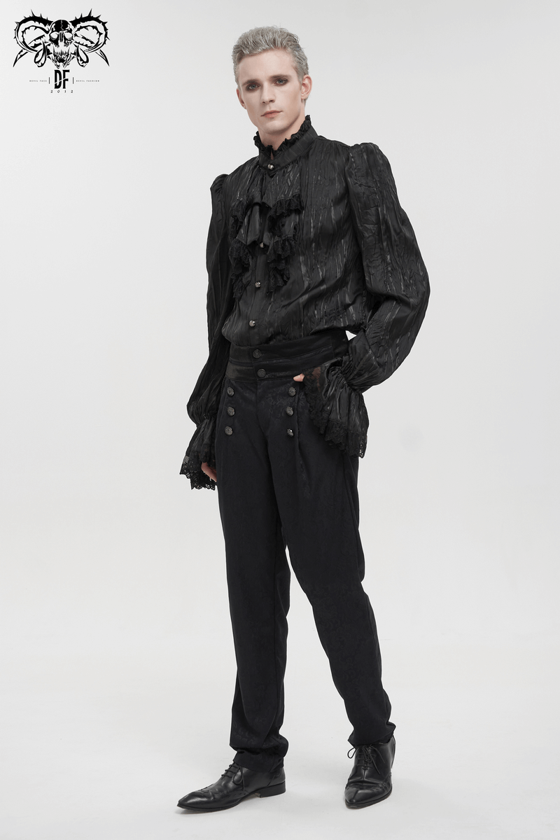 Men's Gothic Puff Sleeved Ruffled Shirt / Black Shirt with Buttons and Removable Сhains