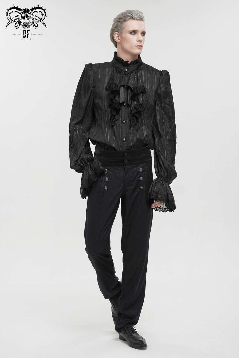 Men's Gothic Puff Sleeved Ruffled Shirt / Black Shirt with Buttons and Removable Сhains