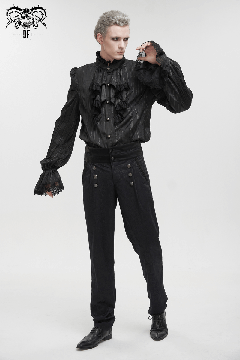 Men's Gothic Puff Sleeved Ruffled Shirt / Black Shirt with Buttons and Removable Сhains