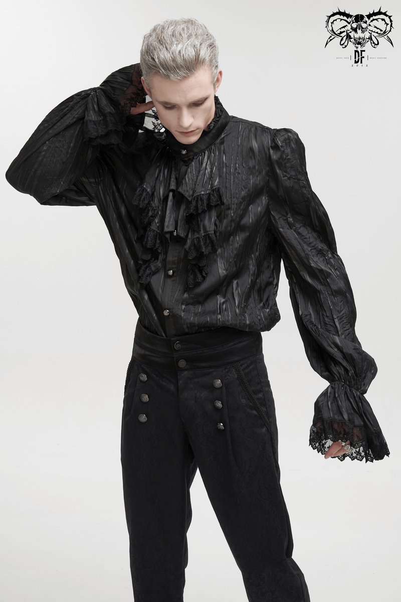 Men's Gothic Puff Sleeved Ruffled Shirt / Black Shirt with Buttons and Removable Сhains