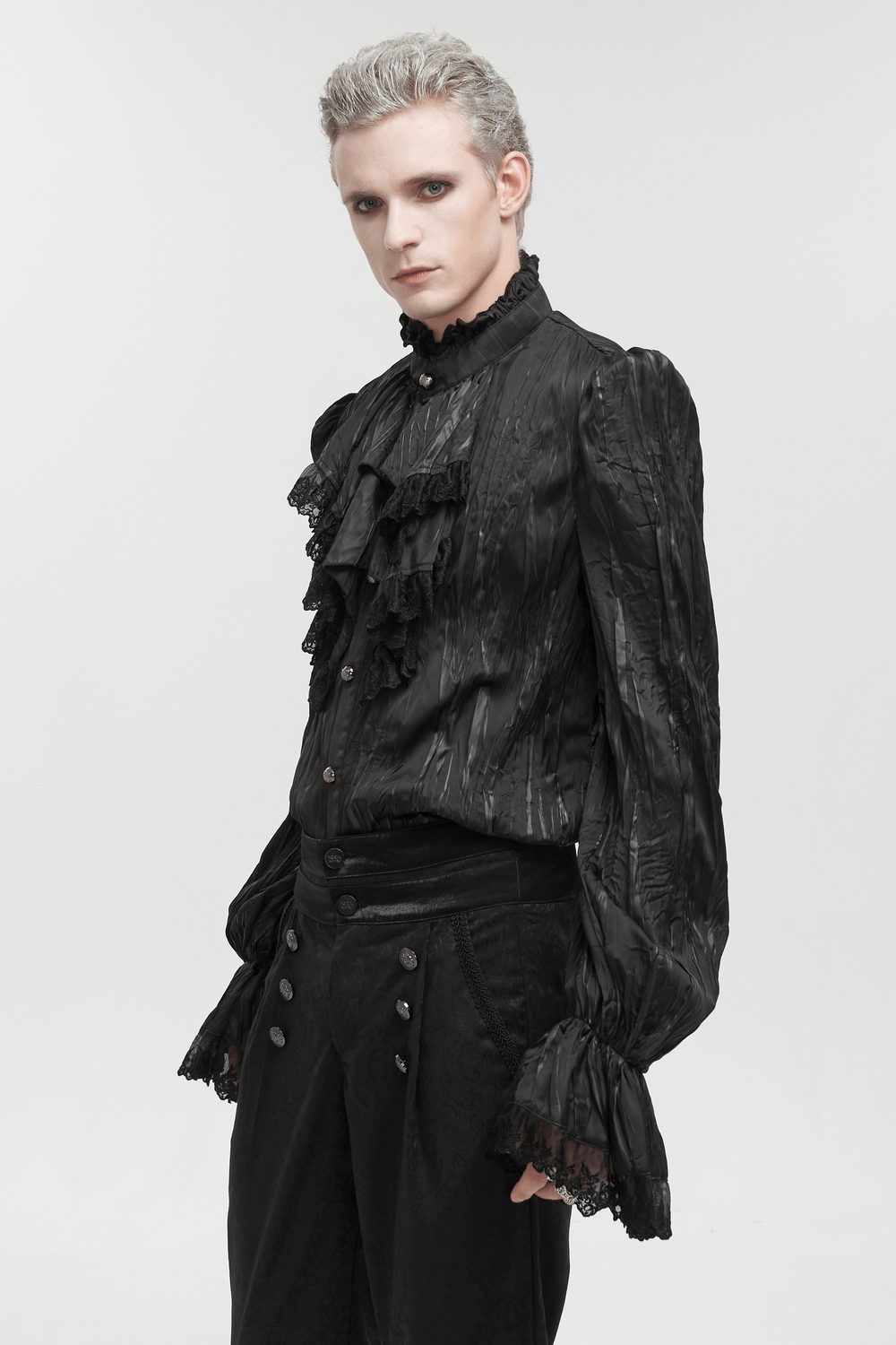 Men's Gothic Puff Sleeved Ruffled Shirt / Black Shirt with Buttons and Removable Сhains
