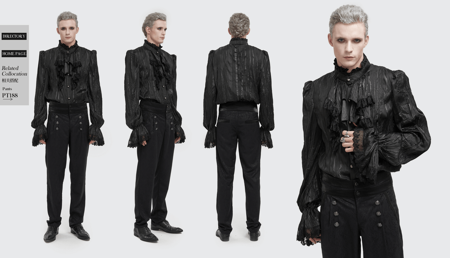 Men's Gothic Puff Sleeved Ruffled Shirt / Black Shirt with Buttons and Removable Сhains