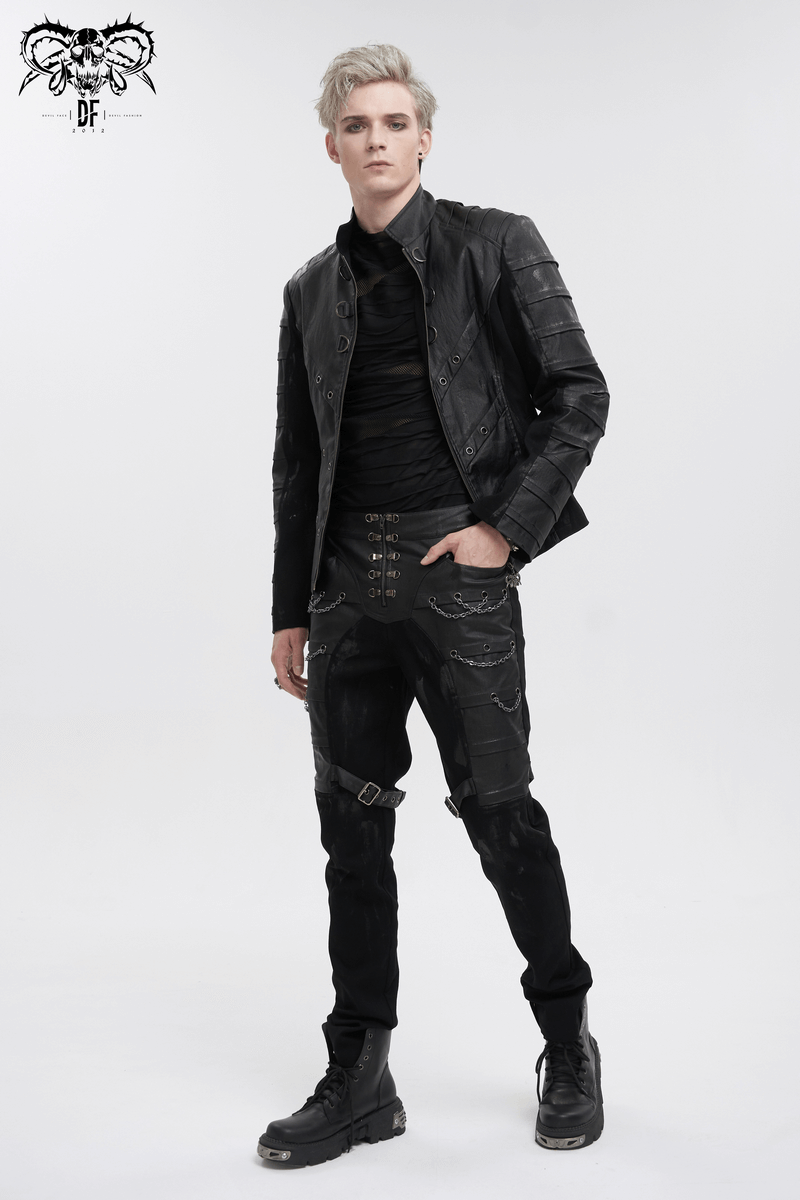 Men's Gothic Stand Collar Jacket with Metal Eyelets / Punk Short Jacket with Ragged effect on Back