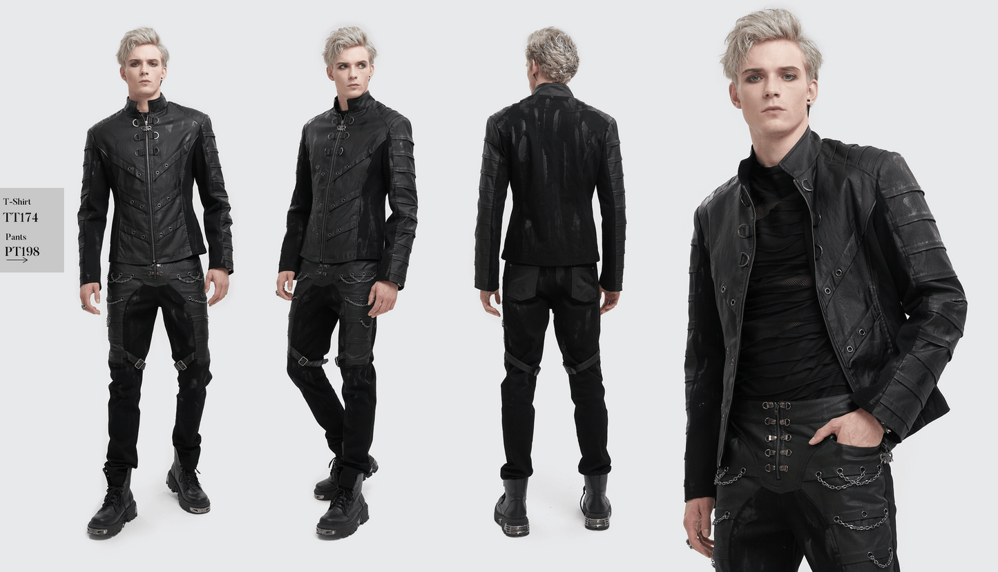 Men's Gothic Stand Collar Jacket with Metal Eyelets / Punk Short Jacket with Ragged effect on Back