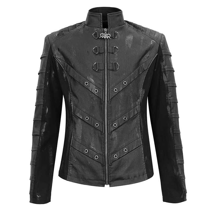 Men's Gothic Stand Collar Jacket with Metal Eyelets / Punk Short Jacket with Ragged effect on Back