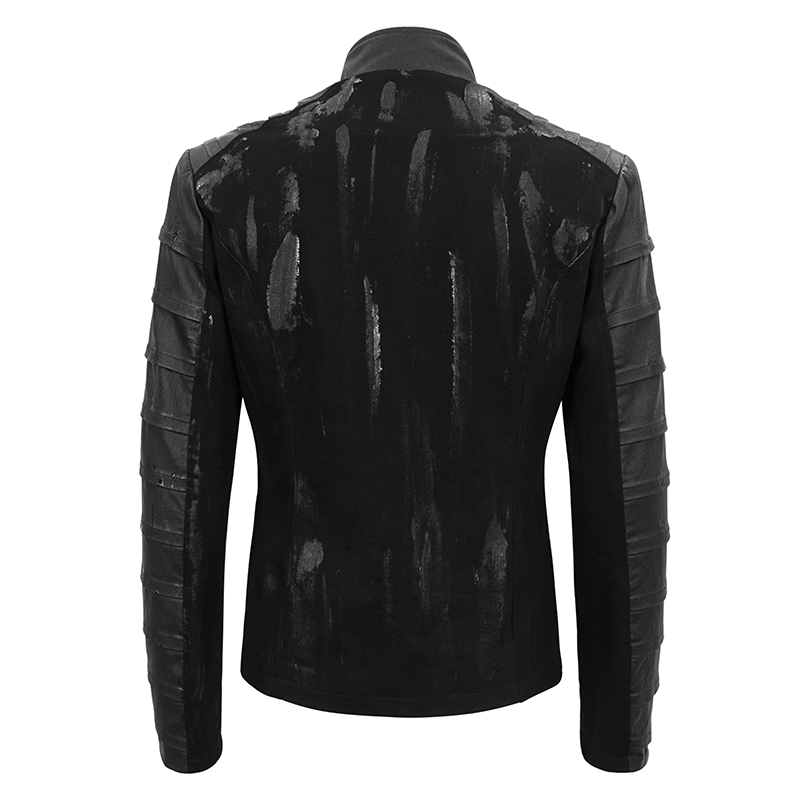 Men's Gothic Stand Collar Jacket with Metal Eyelets / Punk Short Jacket with Ragged effect on Back