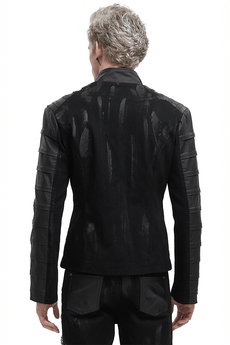 Men's Gothic Stand Collar Jacket with Metal Eyelets / Punk Short Jacket with Ragged effect on Back