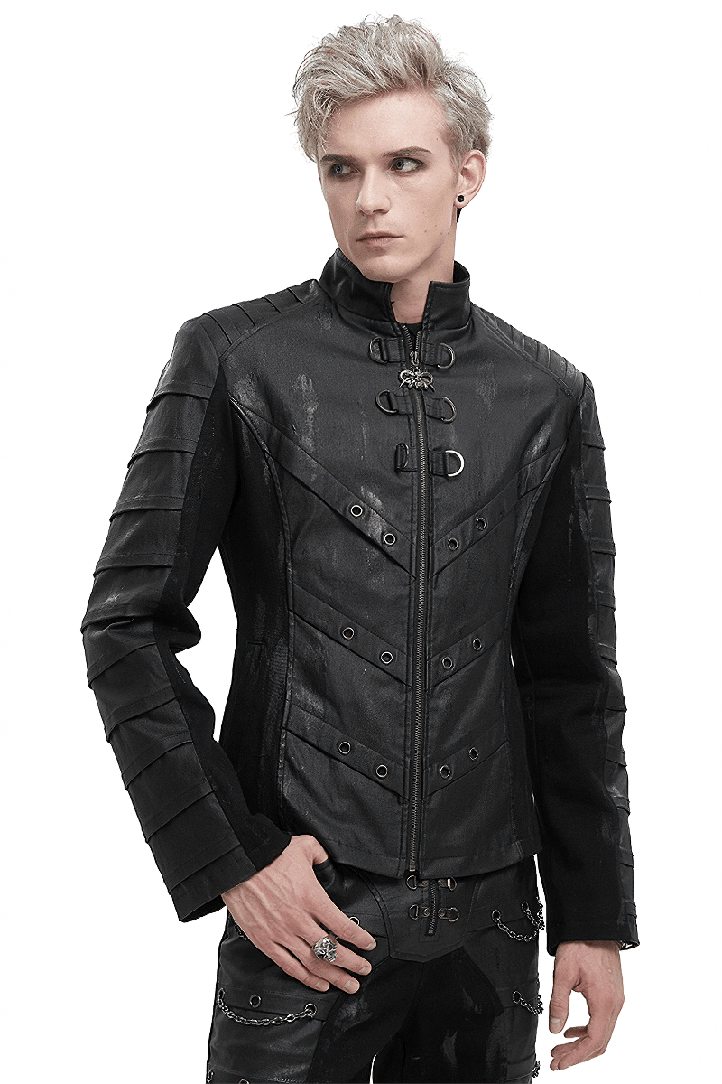 Men's Gothic Stand Collar Jacket with Metal Eyelets / Punk Short Jacket with Ragged effect on Back