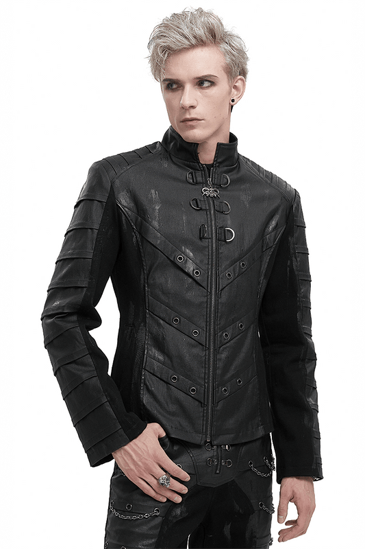 Men's Gothic Stand Collar Jacket with Metal Eyelets / Punk Short Jacket with Ragged effect on Back