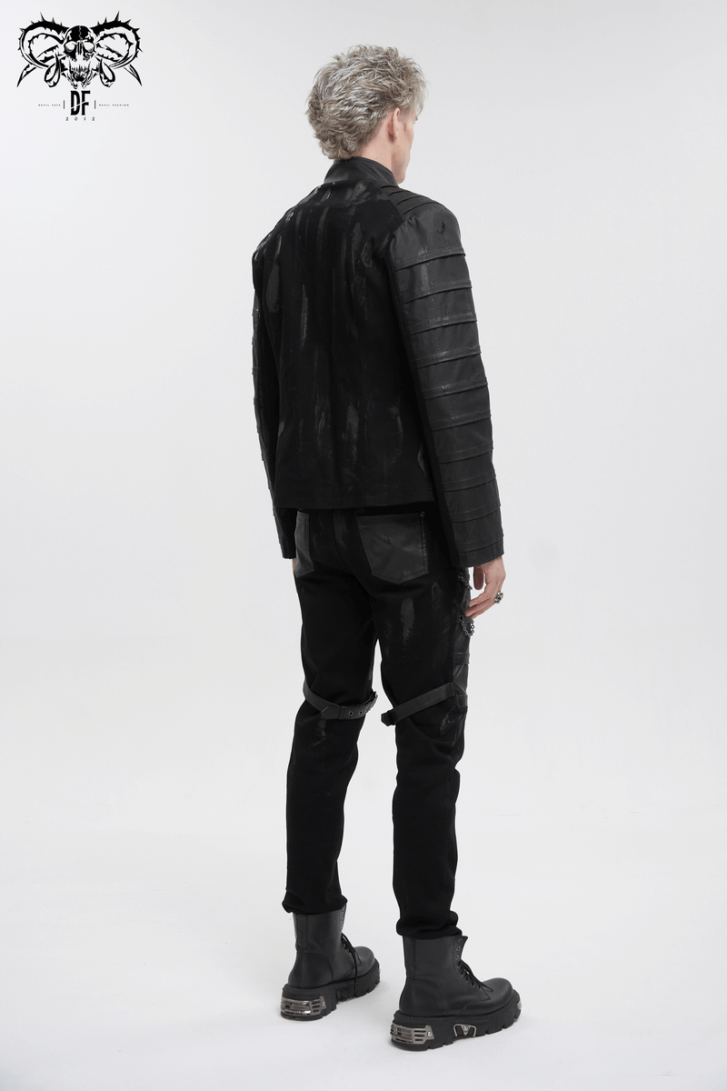 Men's Gothic Stand Collar Jacket with Metal Eyelets / Punk Short Jacket with Ragged effect on Back