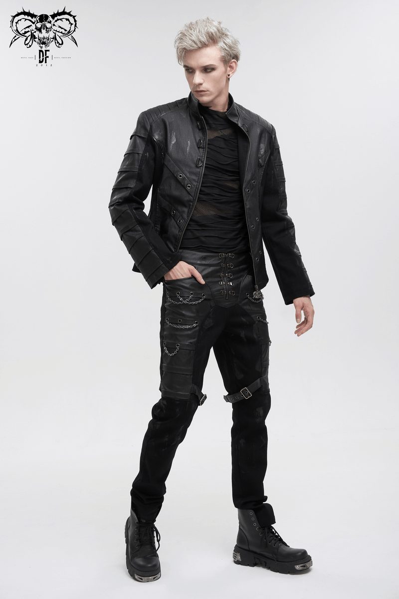 Men's Gothic Stand Collar Jacket with Metal Eyelets / Punk Short Jacket with Ragged effect on Back