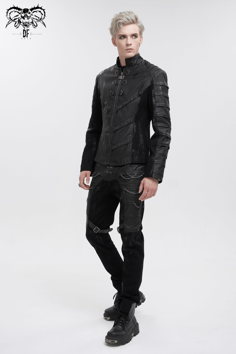 Men's Gothic Stand Collar Jacket with Metal Eyelets / Punk Short Jacket with Ragged effect on Back
