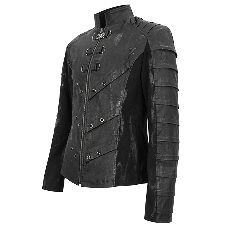 Men's Gothic Stand Collar Jacket with Metal Eyelets / Punk Short Jacket with Ragged effect on Back