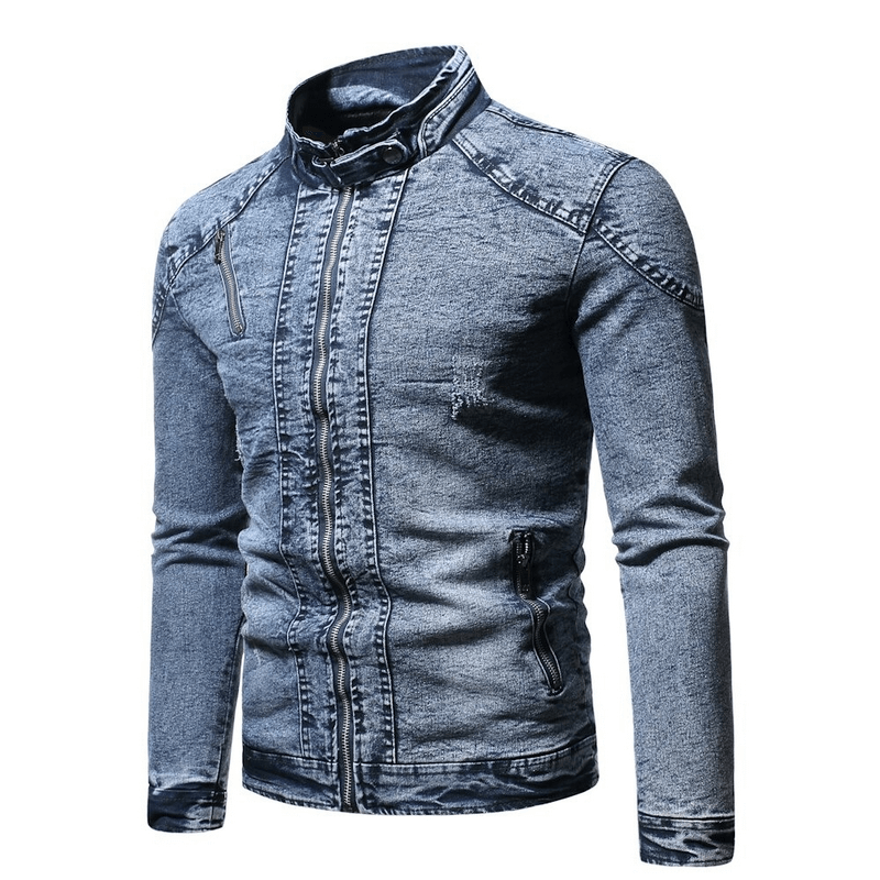 Men's Jean Jackets with Plush Lining / Biker Solid Jacket with Stand Collar / Denim Outfits for Men