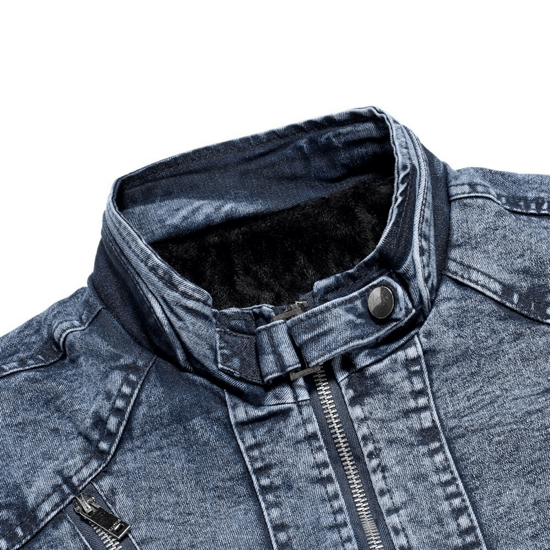 Men's Jean Jackets with Plush Lining / Biker Solid Jacket with Stand Collar / Denim Outfits for Men