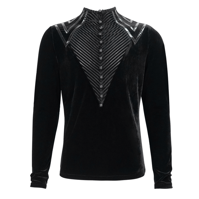 Men's Leather Strips Velvet Top / Gothic Style Long Sleeves Black Top with Buttons