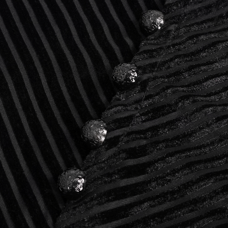 Men's Leather Strips Velvet Top / Gothic Style Long Sleeves Black Top with Buttons