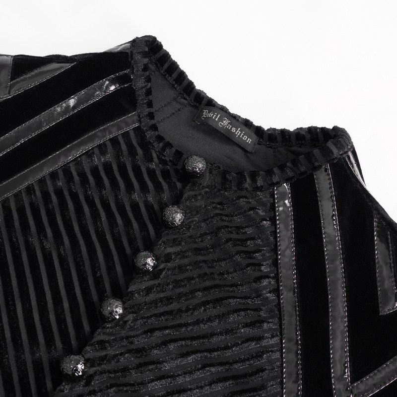 Men's Leather Strips Velvet Top / Gothic Style Long Sleeves Black Top with Buttons