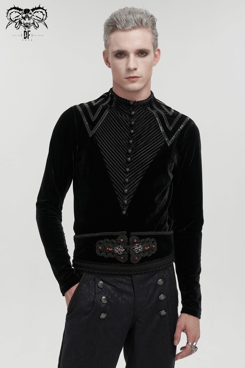 Men's Leather Strips Velvet Top / Gothic Style Long Sleeves Black Top with Buttons