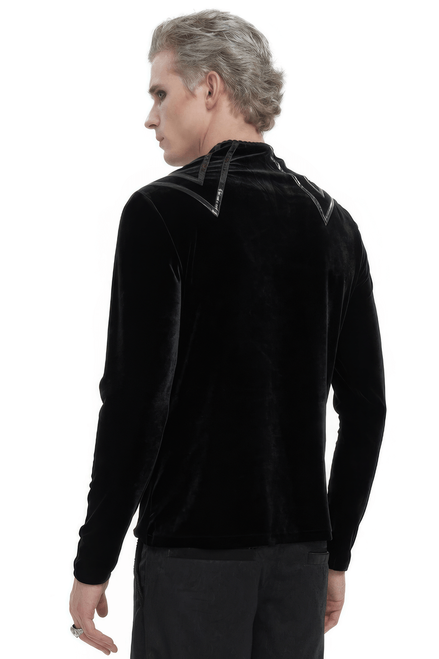 Men's Leather Strips Velvet Top / Gothic Style Long Sleeves Black Top with Buttons