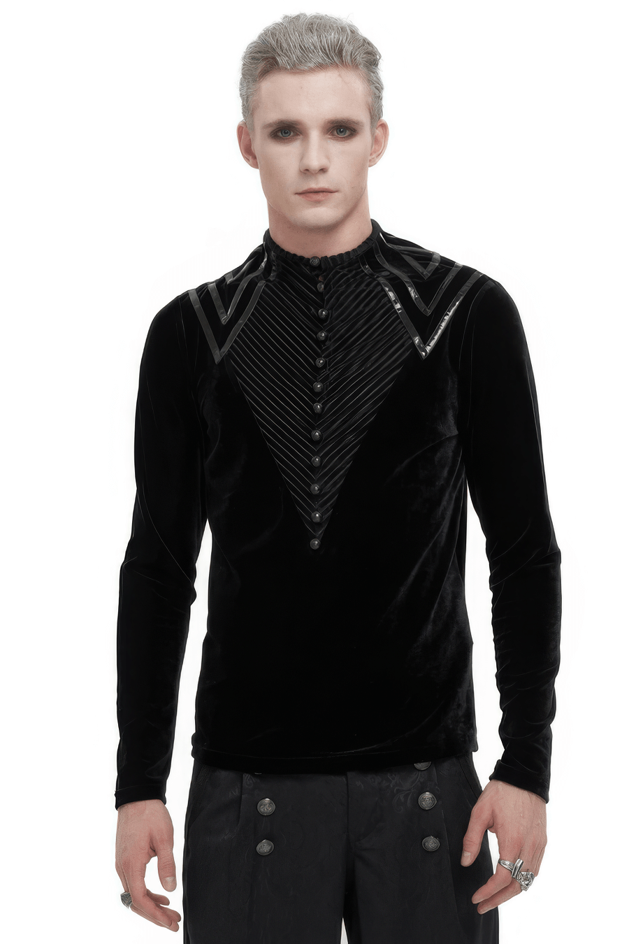 Men's Leather Strips Velvet Top / Gothic Style Long Sleeves Black Top with Buttons