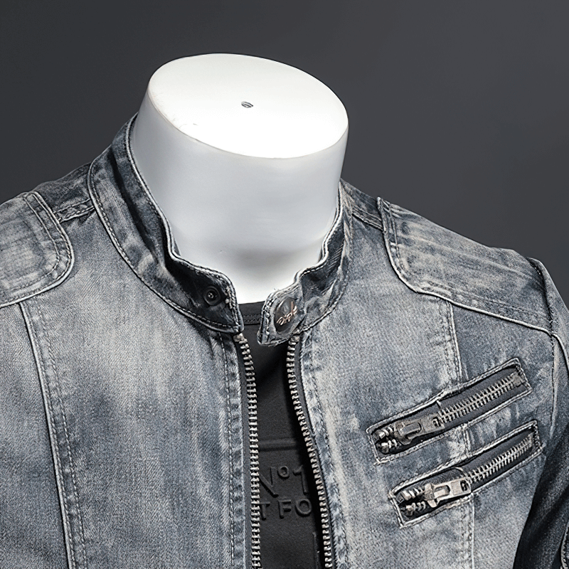Men's Motorcycle Zipper Denim Jacket / Male Stand Collar Jacket / Fashion Slim Fit Outerwear