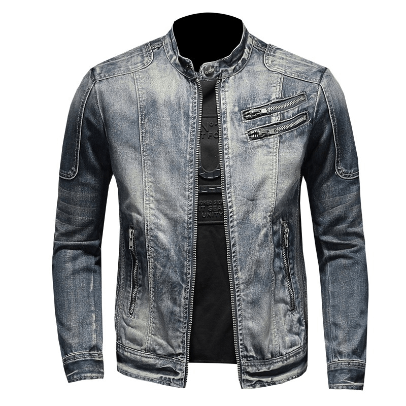 Men's Motorcycle Zipper Denim Jacket / Male Stand Collar Jacket / Fashion Slim Fit Outerwear