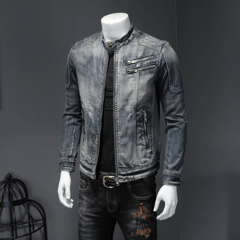 Men's Motorcycle Zipper Denim Jacket / Male Stand Collar Jacket / Fashion Slim Fit Outerwear