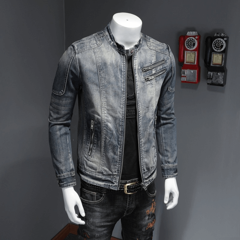 Men's Motorcycle Zipper Denim Jacket / Male Stand Collar Jacket / Fashion Slim Fit Outerwear