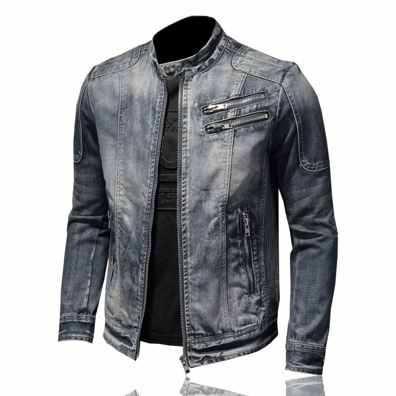 Men's Motorcycle Zipper Denim Jacket / Male Stand Collar Jacket / Fashion Slim Fit Outerwear