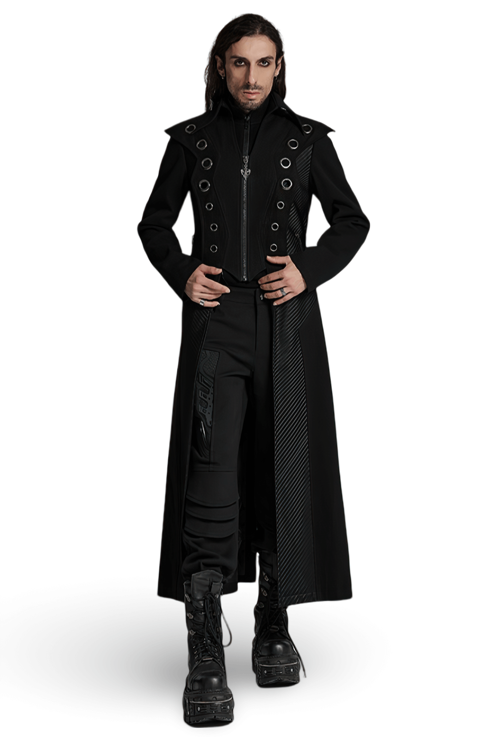 Men's Punk Long Coat with Metal and Mesh Details