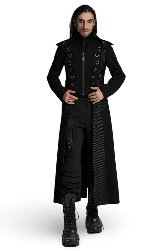 Men's Punk Long Coat with Metal and Mesh Details
