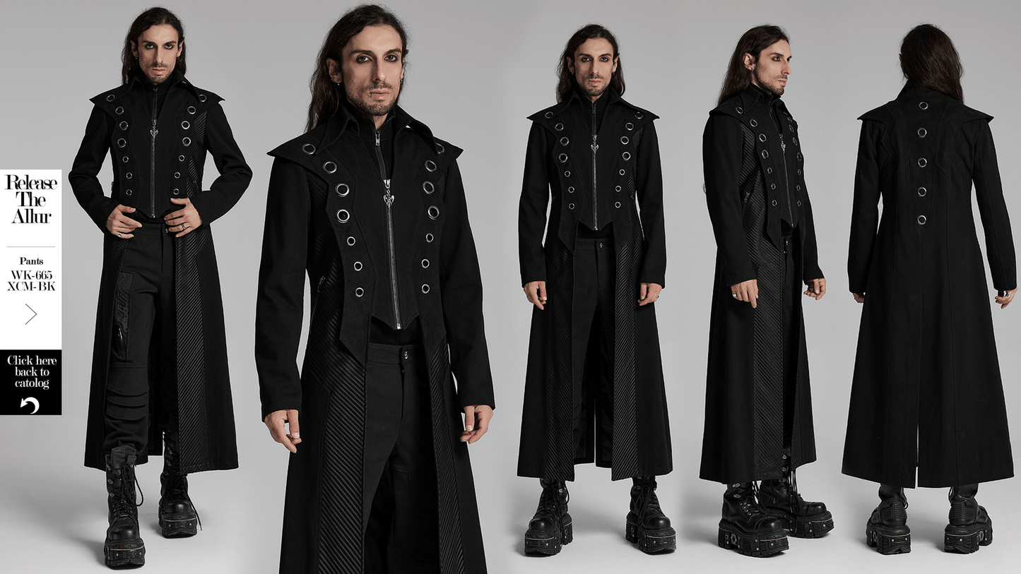 Men's Punk Long Coat with Metal and Mesh Details