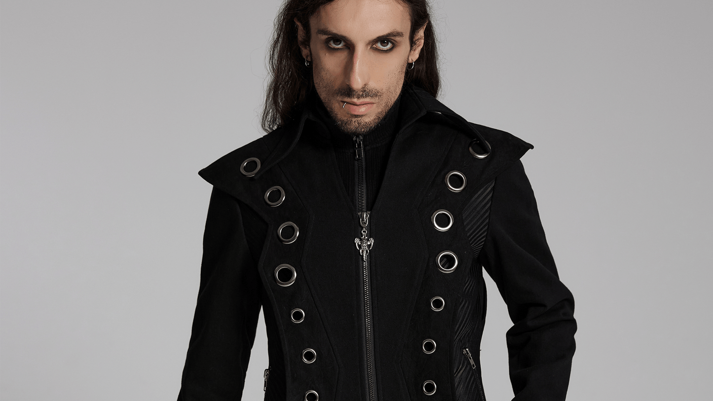 Men's Punk Long Coat with Metal and Mesh Details