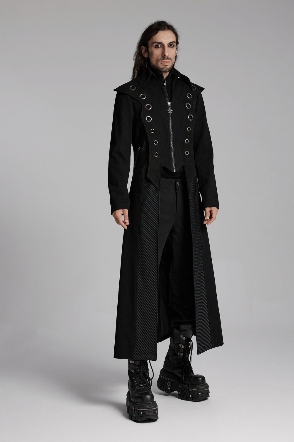 Men's Punk Long Coat with Metal and Mesh Details