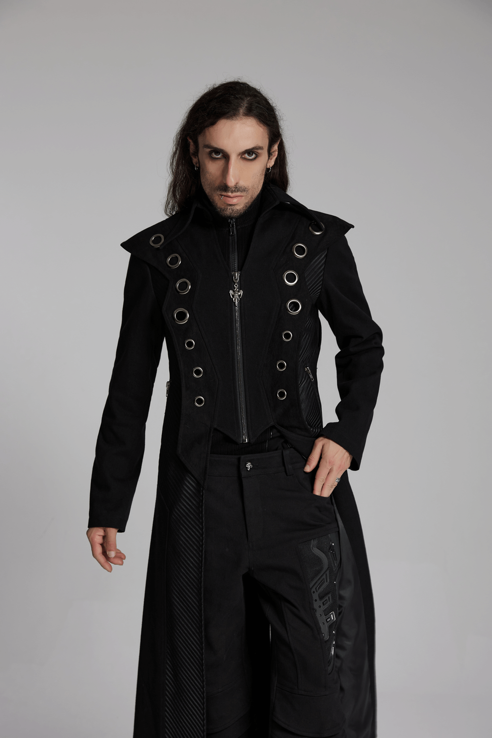Men's Punk Long Coat with Metal and Mesh Details