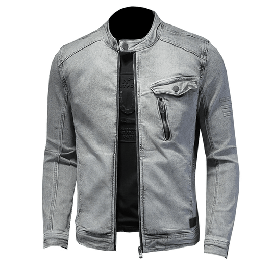 Men's Vintage Gray Jacket / Denim Jacket with Stand Collar / Cool Streetwear for Men