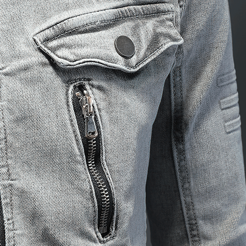 Men's Vintage Gray Jacket / Denim Jacket with Stand Collar / Cool Streetwear for Men