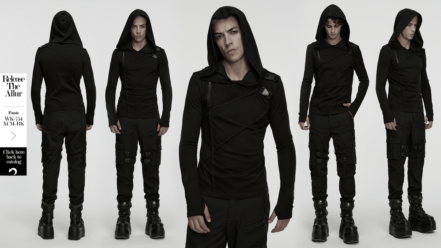 Men's Asymmetric Hoodie with Zipper and Buckle Details