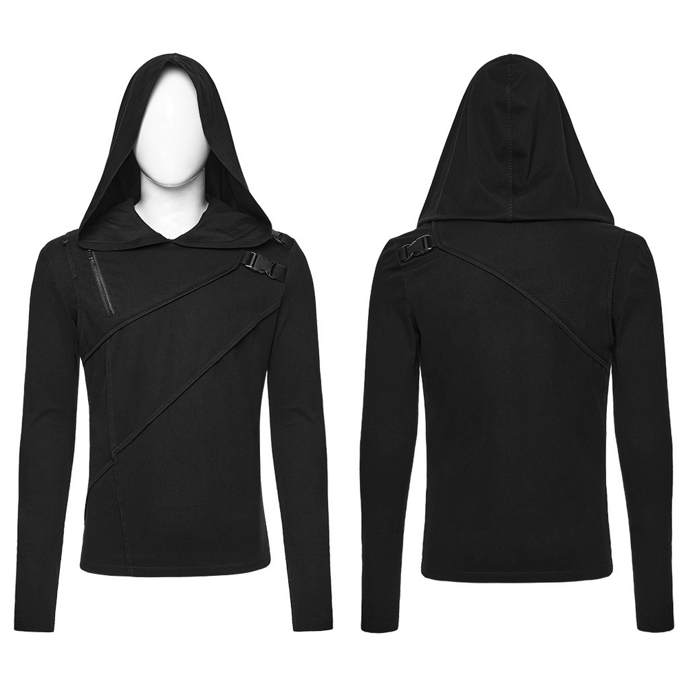 Men's Asymmetric Hoodie with Zipper and Buckle Details