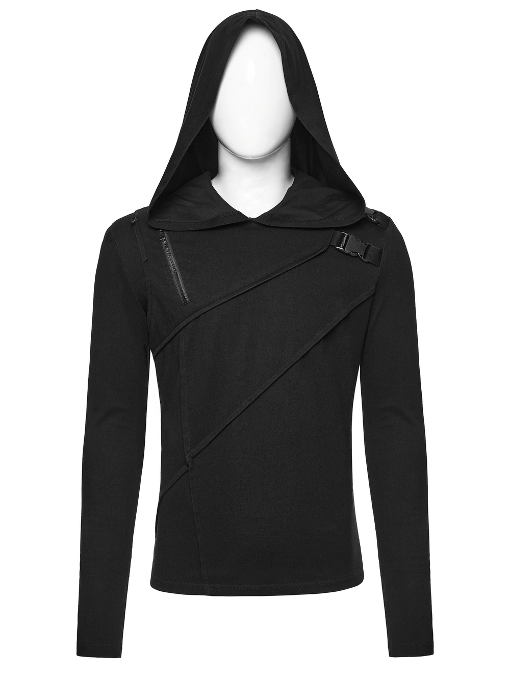 Men's Asymmetric Hoodie with Zipper and Buckle Details