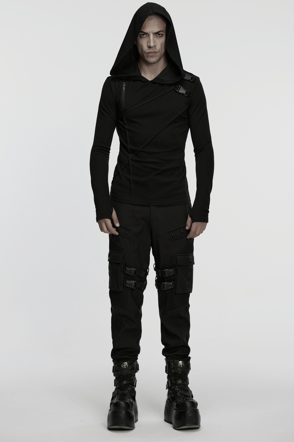 Men's Asymmetric Hoodie with Zipper and Buckle Details